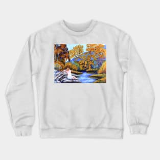 Woman girl on rocks relaxing watching the river flow zen yoga buddhism Crewneck Sweatshirt